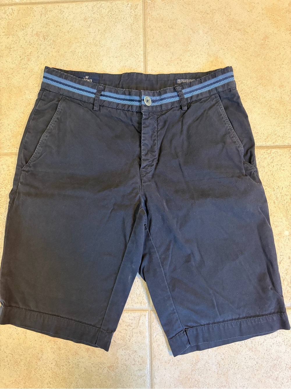 Mason Navy Blue Flat-Front Shorts with Blue-Striped Waistband